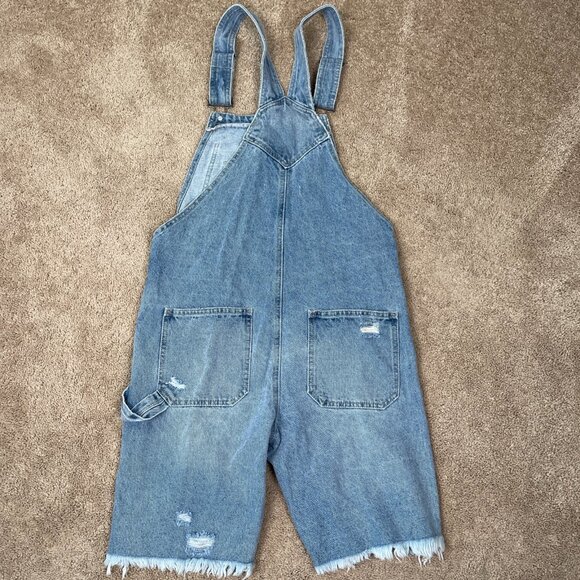 KanCan Overall Shorts Womens Medium Blue Distressed Denim Jean Country Festival - Picture 8 of 8